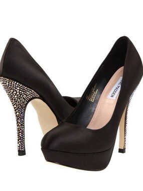 Steve Madden Partyy-r Black Satin Platform Pumps with Crystal-Studded Heels